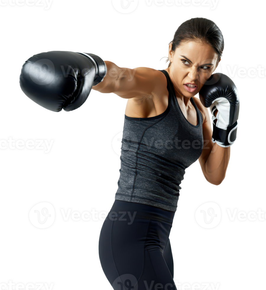 Strong woman practicing boxing techniques with black gloves in a dynamic training session indoors on a transparent background png