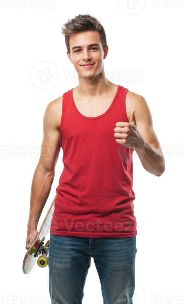 Young man with a skateboard gives a thumbs up while standing against a transparent background in casual attire png