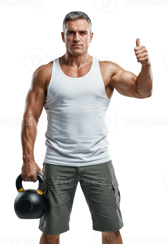Man exercising with kettlebell and showing thumbs up to indicate success in workout routine on a transparent background png