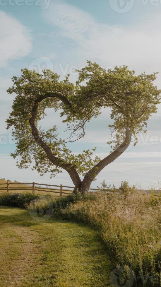 A tree shaped like a heart in a field photo