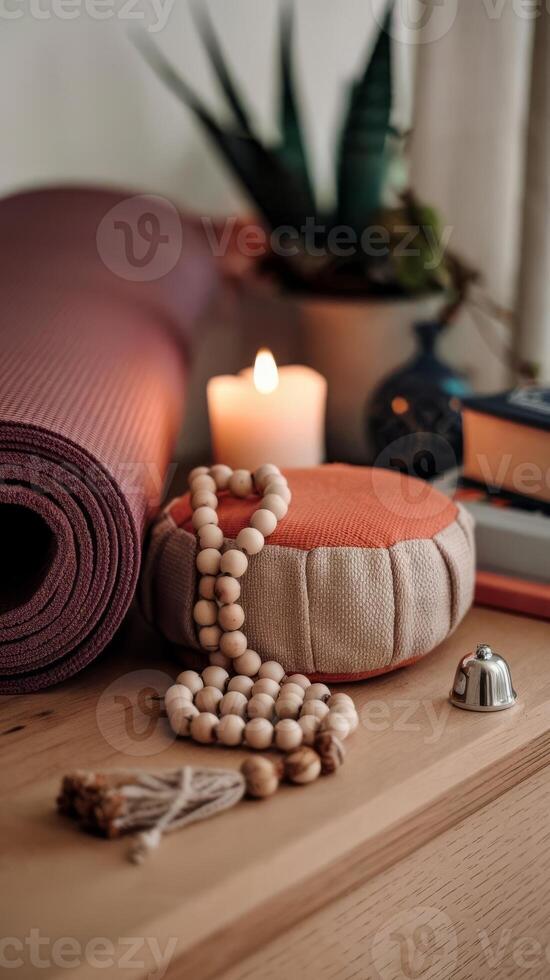 A yoga mat, candle and books on a table photo
