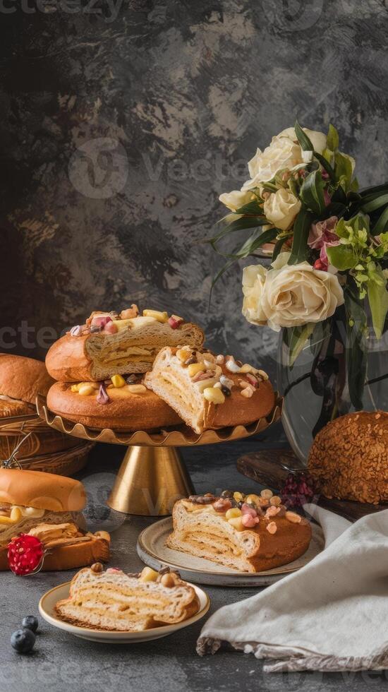 A table with a cake, flowers and bread photo