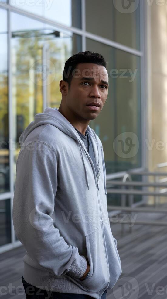 A man in a hoodie standing in front of a building photo