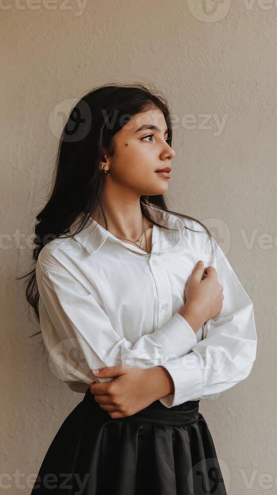A young woman in a white shirt and black skirt photo