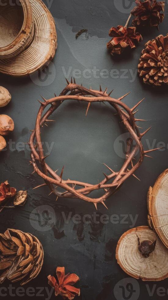 A crown of thorns surrounded by wood and leaves photo