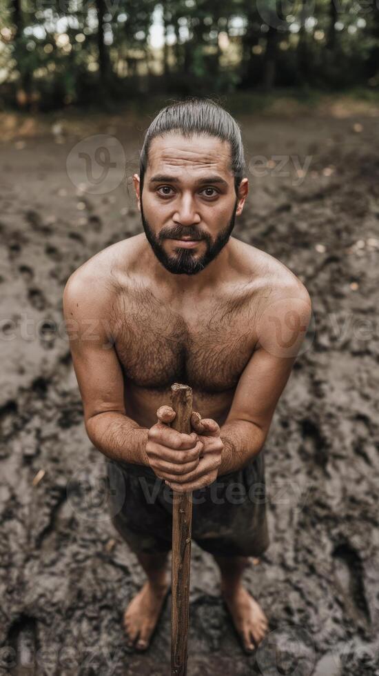 A man with no shirt on standing in the mud photo