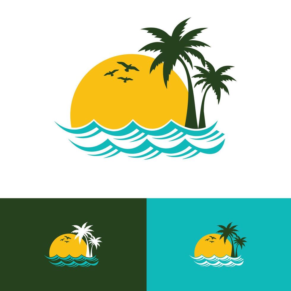 Tropical Beach Sunset Logo Design Stylized Sunset Ocean Waves Icon with Palm Trees and Birds Illustration vector
