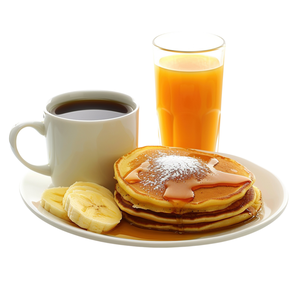 Breakfast scene with pancakes, coffee, and orange juice isolated on transparent Background png