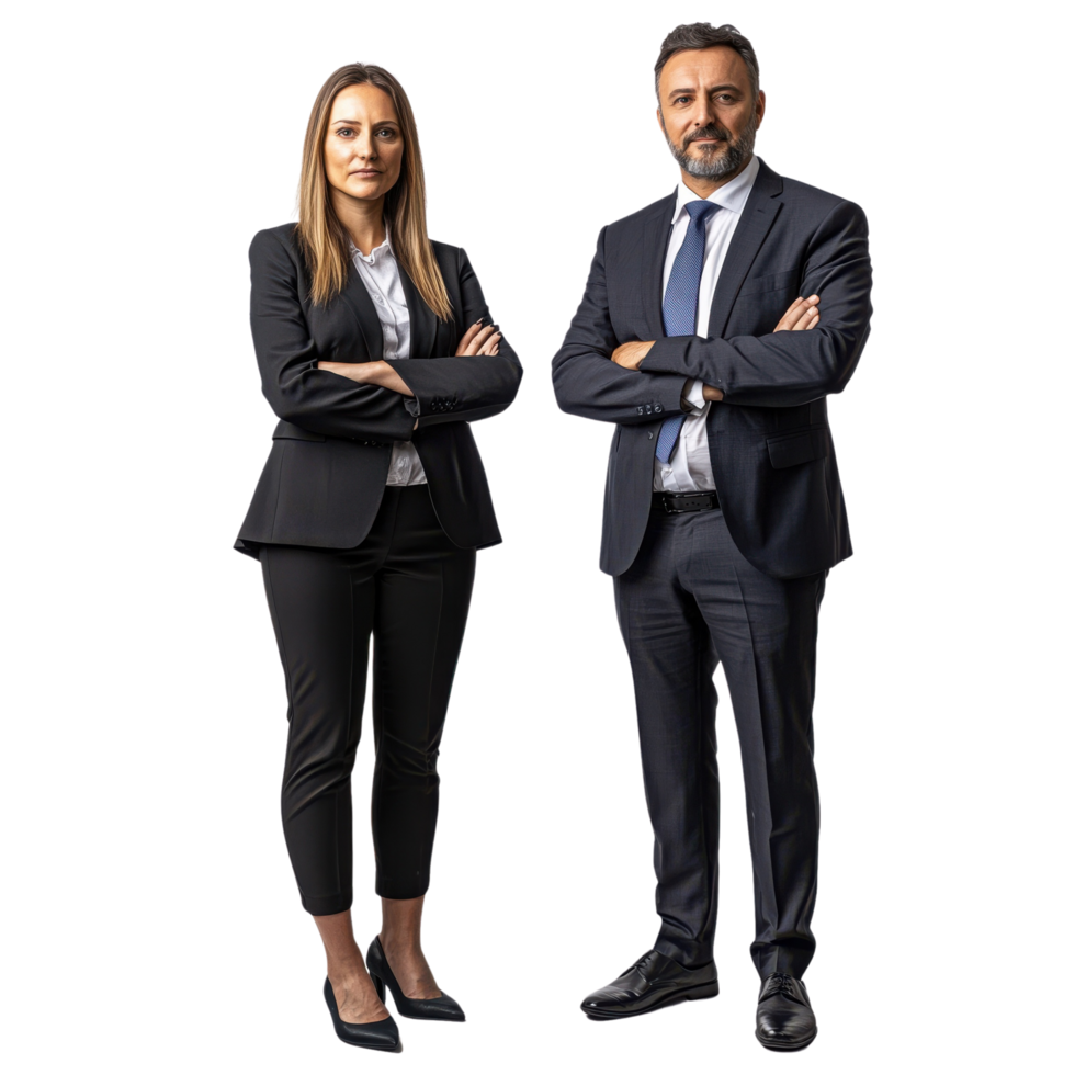 Business duo, man and woman confidently standing, formal attire, isolated on transparent Background png
