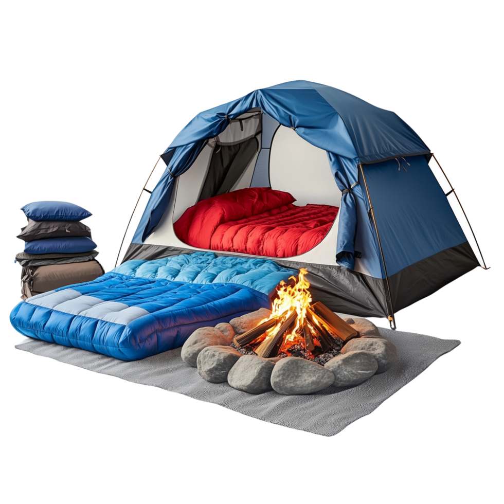 Outdoor Camping Scene with Tent, Sleeping Bags, and Campfire Setup, Isolated on Transparent Background png