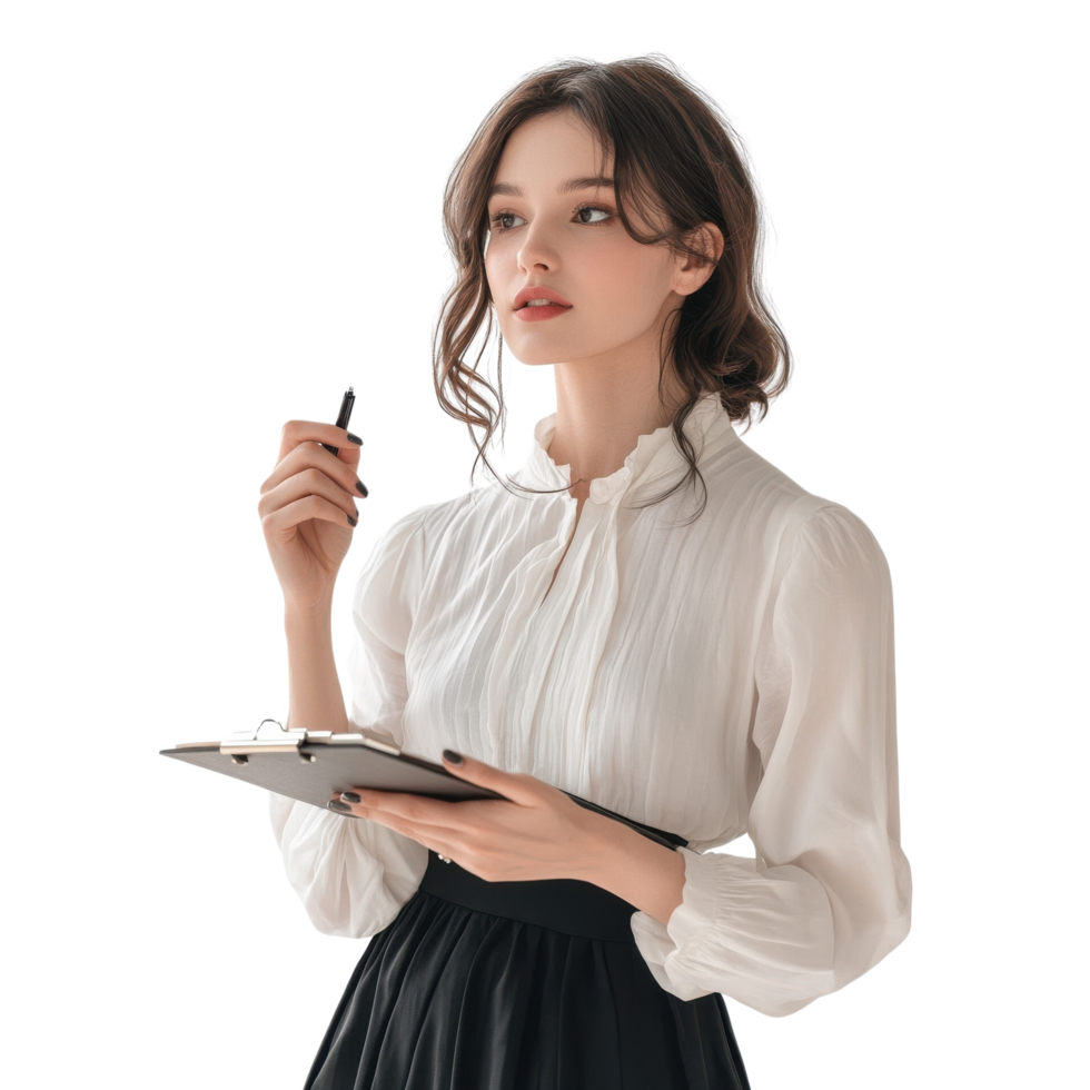 Businesswoman in White Blouse and Black Skirt Holding Clipboard, Engaged in Conversation, Isolated on Transparent Background png