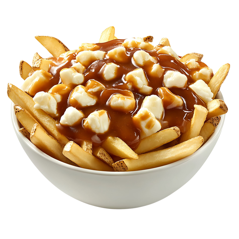 Hearty Poutine Bowl with Crispy Fries, Gooey Cheese, and Hot Gravy Isolated on Transparent Background png