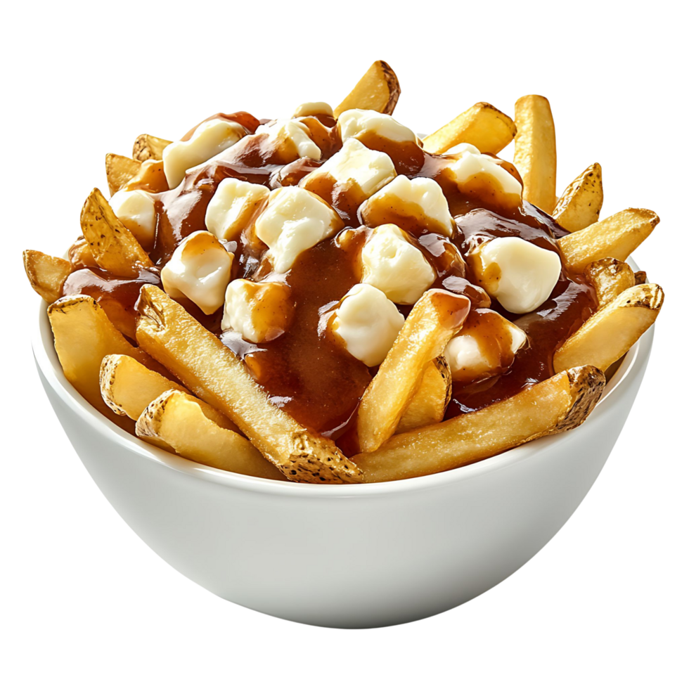Delicious Poutine with Crispy Fries, Cheese Curds, and Rich Gravy Isolated on Transparent Background png