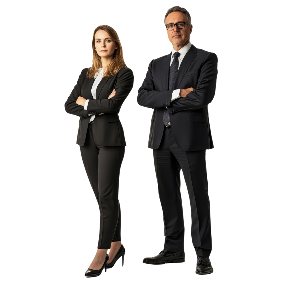 Business duo, man and woman in professional attire, isolated on transparent Background png