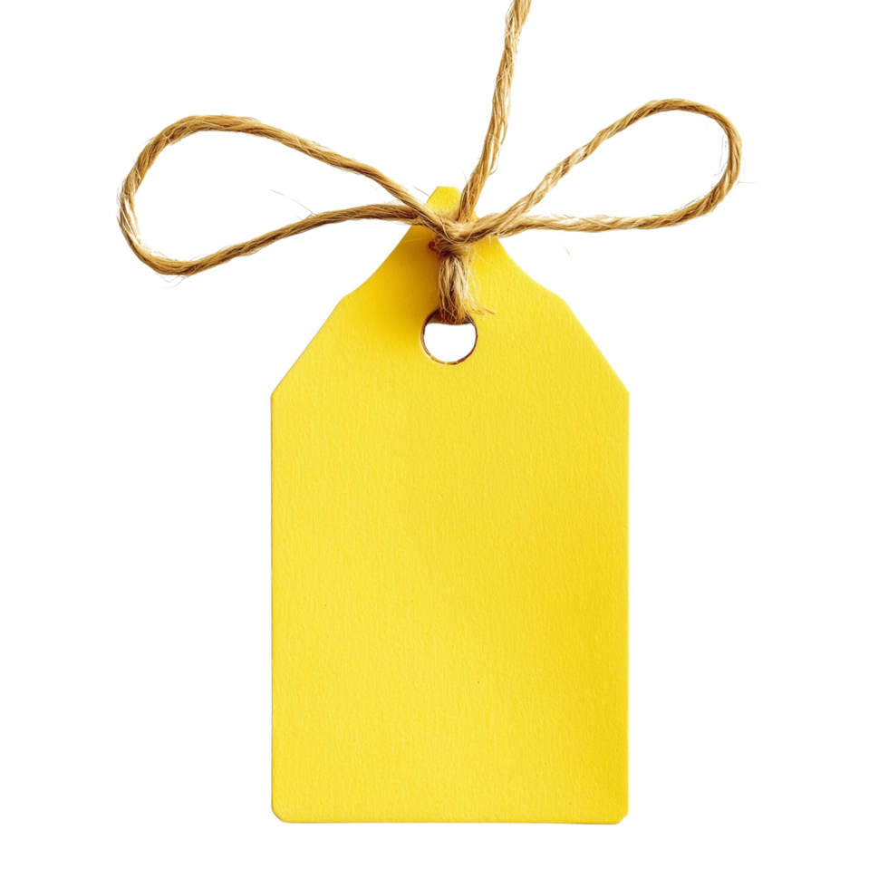 Bright yellow craft paper tag isolated on transparent Background with twine png