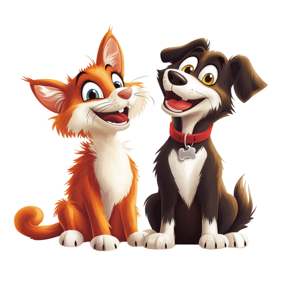 Smiling Cartoon Cat and Dog Sitting Side by Side, Isolated on Transparent Background png