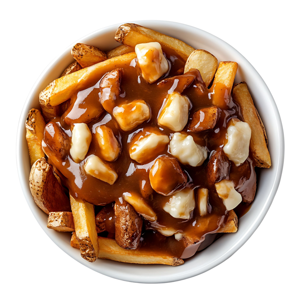 Classic Poutine with Golden Fries, Fresh Cheese Curds, and Savory Gravy Isolated on Transparent Background png