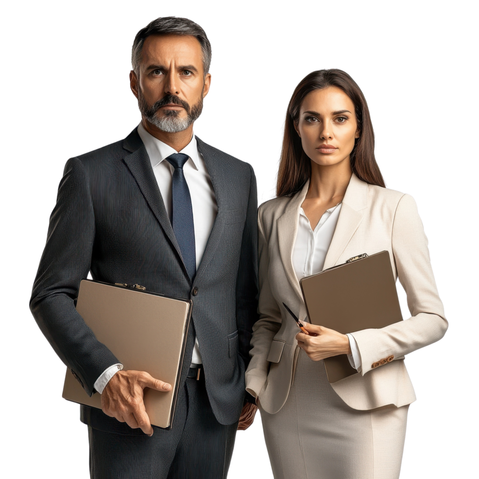 Professional Businessman with Briefcase and Businesswoman Holding Folder Isolated on Transparent Background png