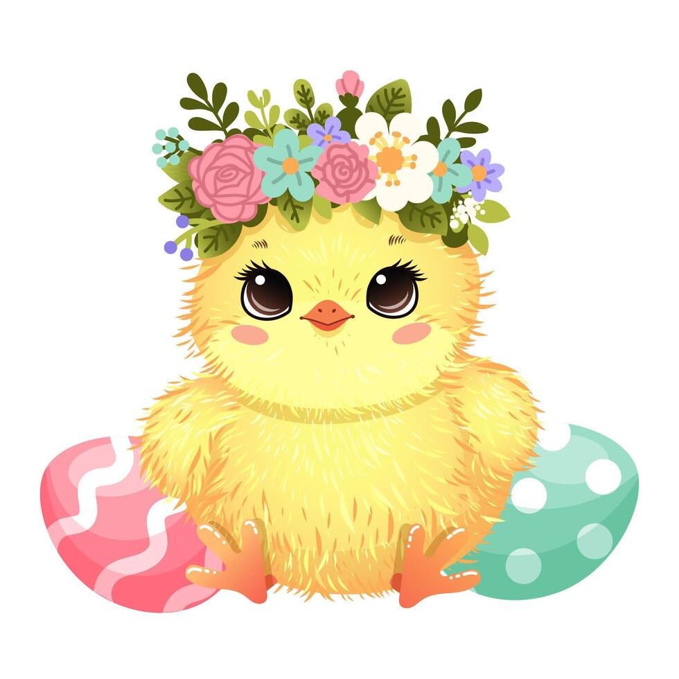 Cute baby chick in flower crown with Easter eggs, ideal for festive greeting cards and spring themes vector