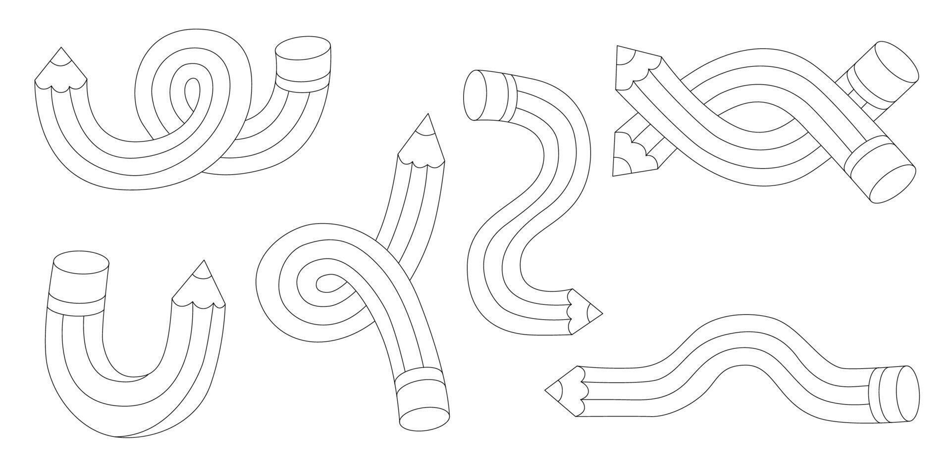 Pencils set illustration. Twisted flexible doodle simple pencil in different shapes like knot, check mark, bend one, doodles. Back to school, teachers day concept. vector