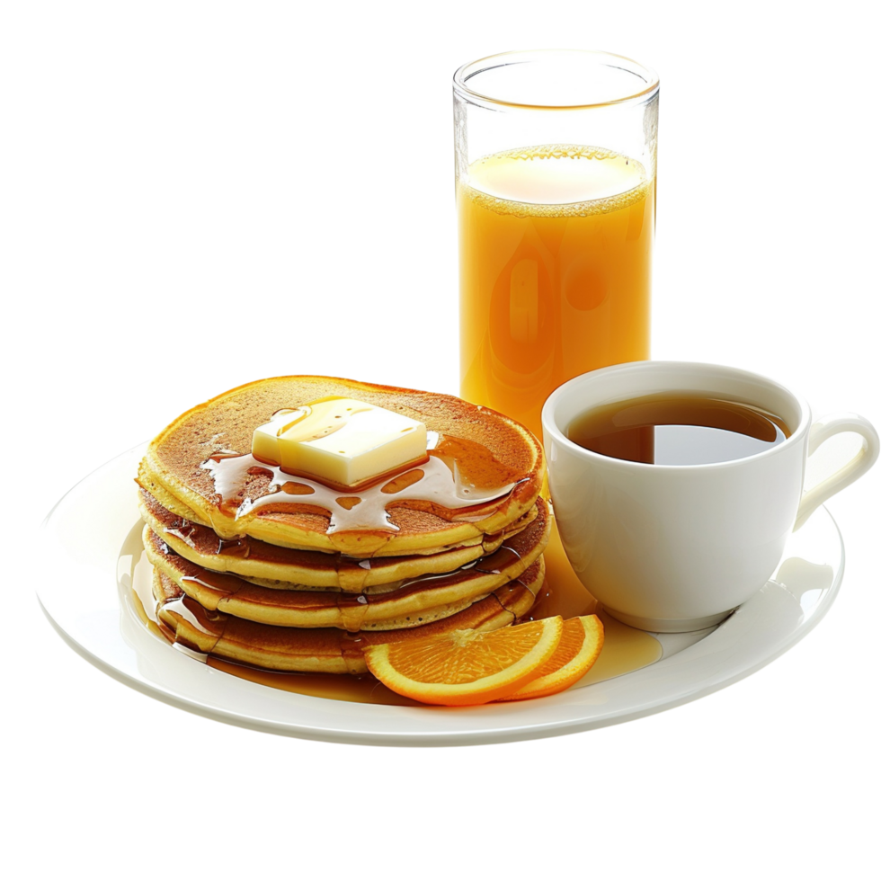 Delicious breakfast with pancakes, coffee, and orange juice isolated on transparent Background png