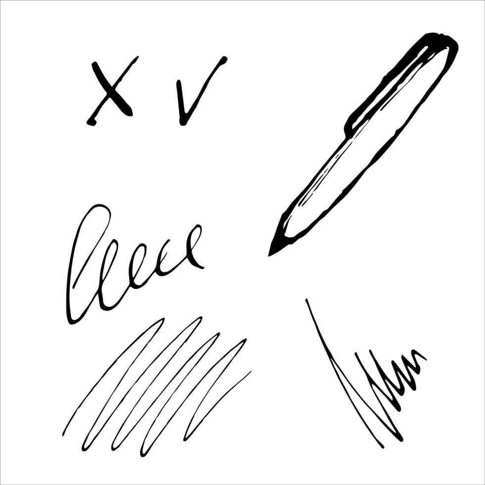 Writing ballpoint pen. Scribbles and sloppy handwriting painted by black ink. Hand drawn illustration on white background. Monochrome Hand-Drawn Ballpoint Pen Icon. Black scribbled doodle lines vector
