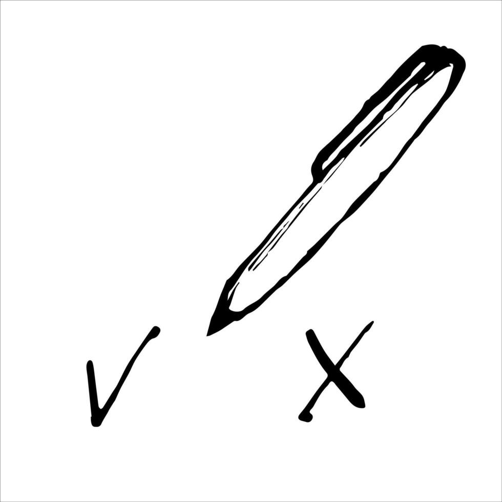 Ball pen sketch painted by black ink. Pen outline drawing painted by black inks. Hand drawn illustration on white. Monochrome Hand-Drawn tick and cross Icons. Black scribbled doodle lines vector