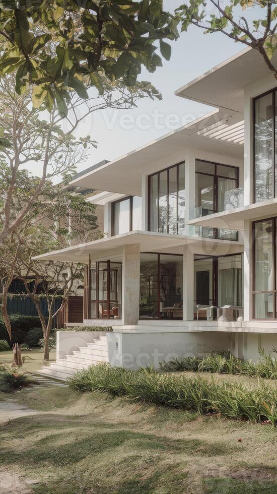A modern home with large windows and a large lawn photo