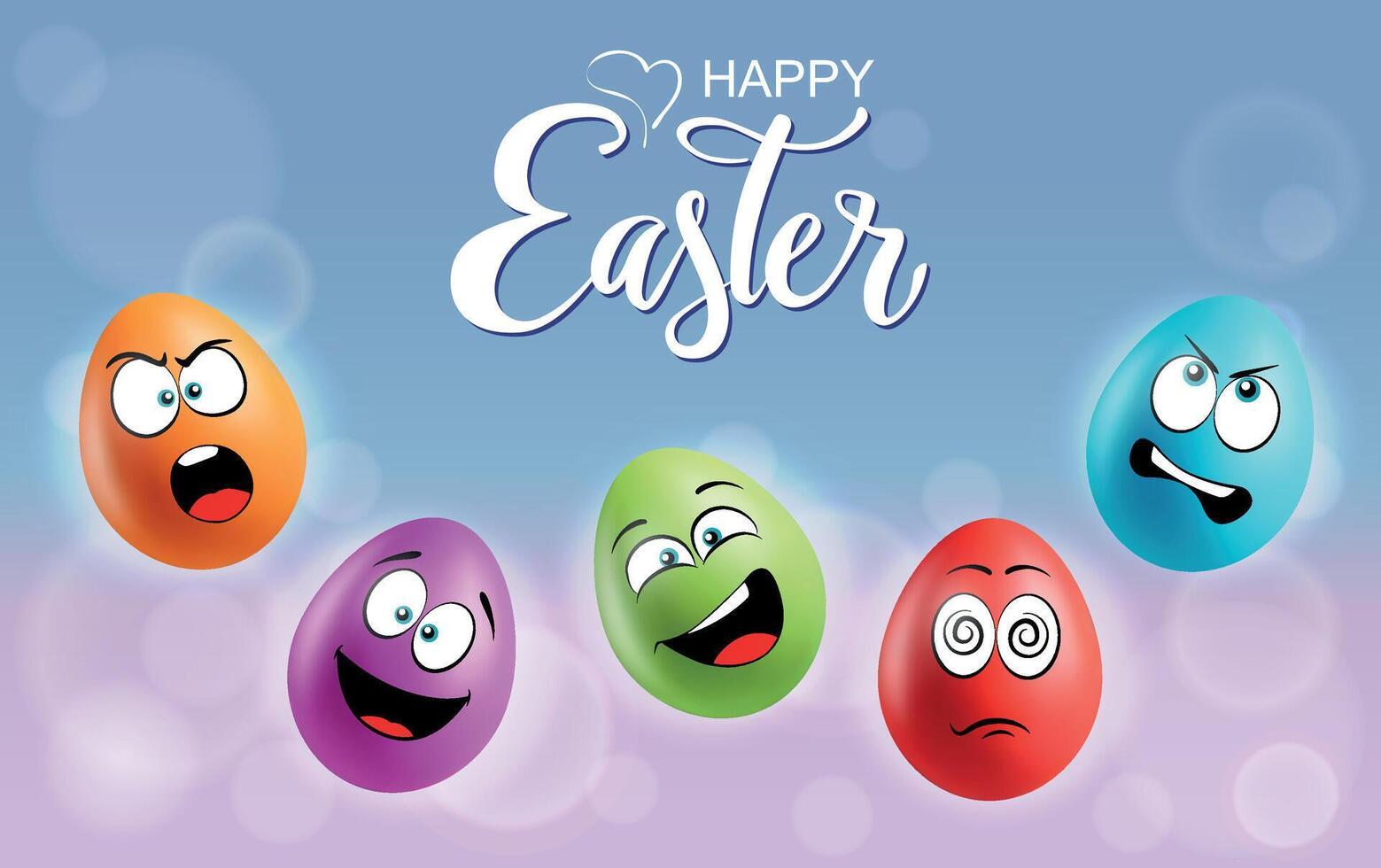 Color eggs with funny faces on gradient background. Shocked, laughing, smiling, sad, scared emotions, cartoon smile. Set of eggs emoji poster. Happy Easter holiday banner illustration. vector