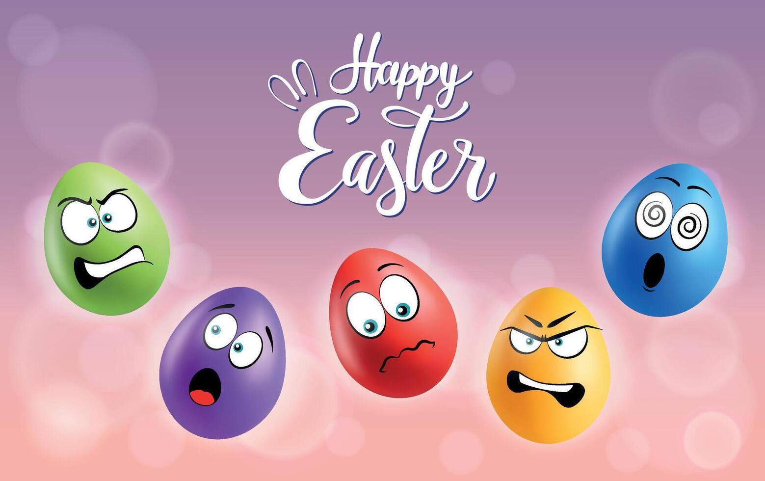 Color eggs with funny faces on gradient background. Shocked, laughing, smiling, sad, wicked emotions, cartoon smile. Set of eggs emoji poster. Happy Easter holiday banner illustration. vector