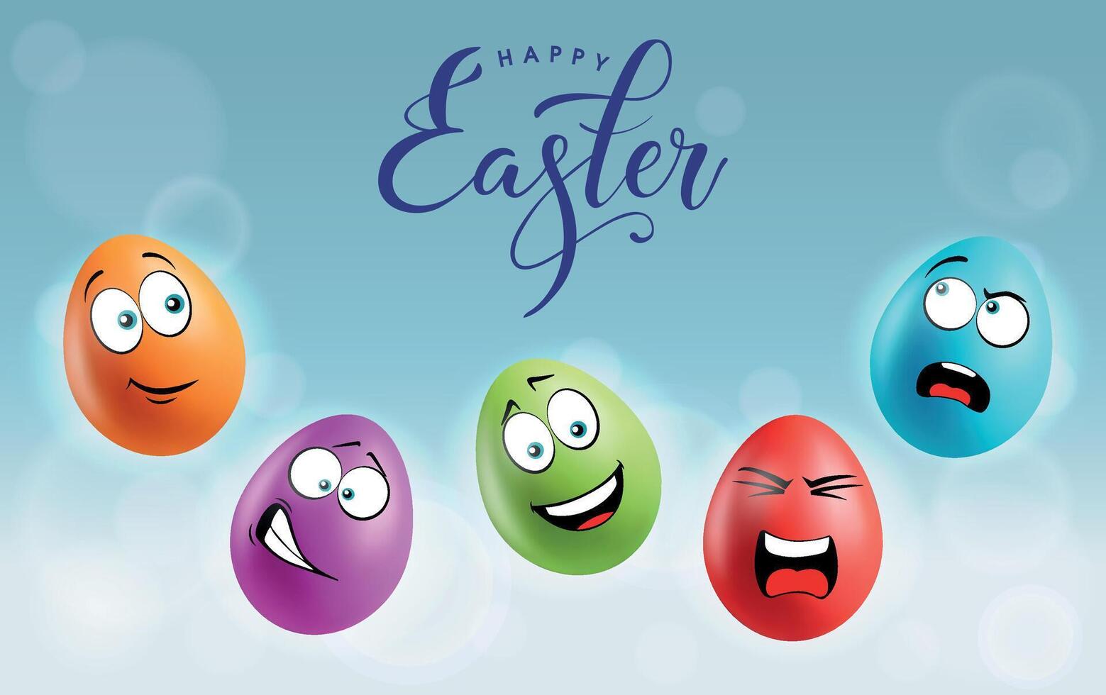 Color eggs with funny faces on gradient background. Angry, laughing, smiling, scared emotions, cartoon smile. Set of eggs emoji poster. Happy Easter holiday banner illustration. vector