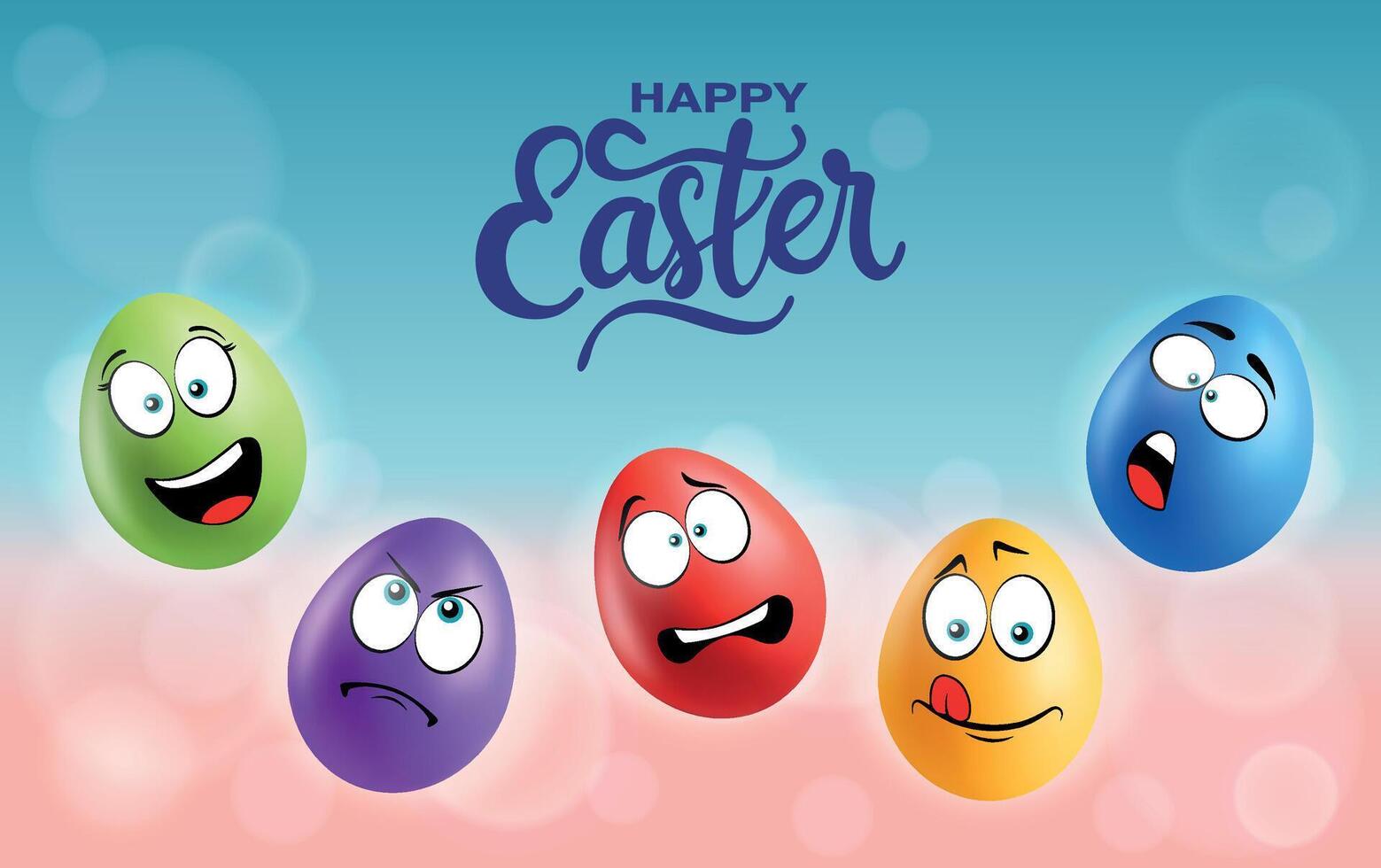 Color eggs with funny faces on gradient background. Playful, laughing, glad, sad, shocked emotions, cartoon smile. Set of eggs emoji poster. Happy Easter holiday banner illustration. vector