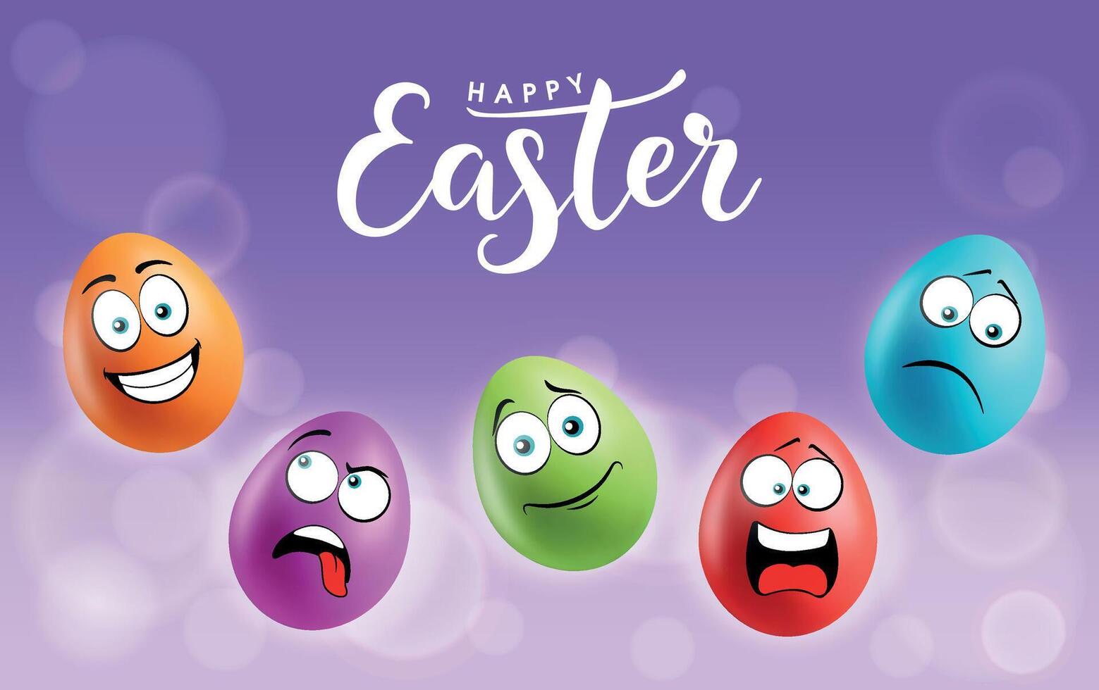 Color eggs with funny faces on gradient background. Funny, laughing, smiling, sad, angry, tired emotions, cartoon smile. Set of eggs emoji poster. Happy Easter holiday banner illustration. vector