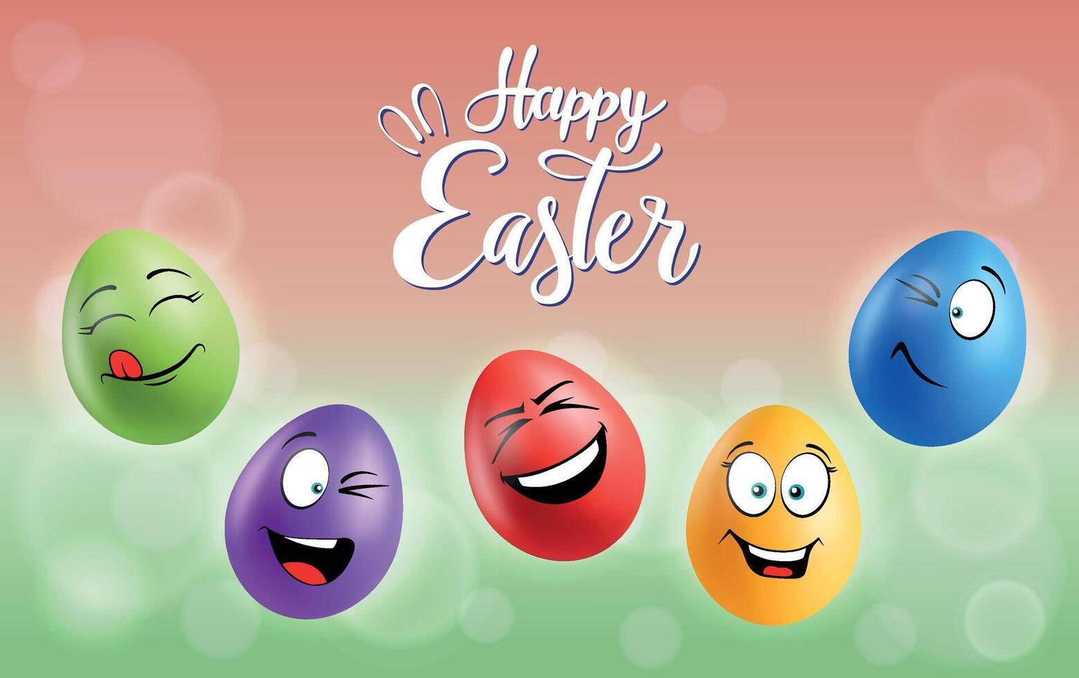 Color eggs with funny faces on gradient background. Winking, glad, laughing, smiling, playful emotions, cartoon smile. Set of eggs emoji poster. Happy Easter holiday banner illustration. vector