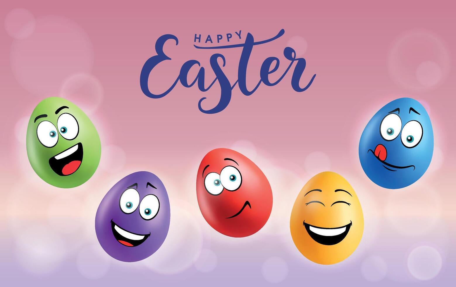 Color eggs with funny faces on gradient background. Glad, cute, laughing, smiling, playful emotions, cartoon smile. Set of eggs emoji poster. Happy Easter holiday banner illustration. vector