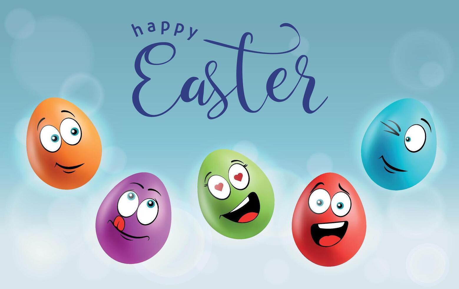 Color eggs with funny faces on gradient background. Funny, laughing, smiling, pleased, glad, winking, romantic emotions, cartoon smile. Set of eggs emoji poster. Happy Easter holiday banner. vector