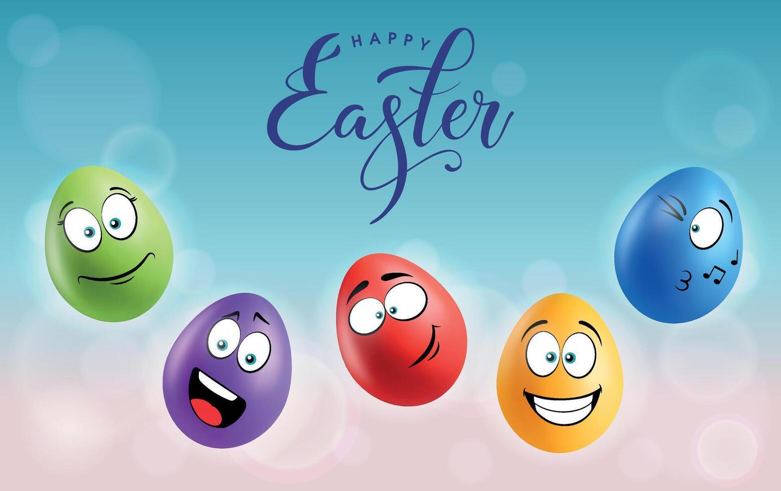 Color eggs with funny faces on gradient background. Funny, laughing, smiling, whistling, glad, pleased emotions, cartoon smile. Set of eggs emoji poster. Happy Easter holiday banner illustration. vector