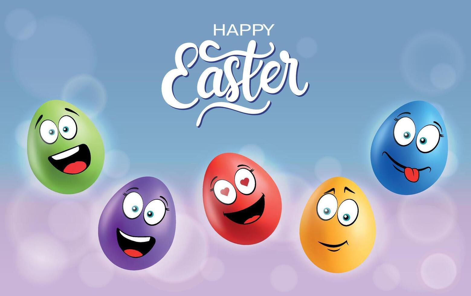Color eggs with funny faces on gradient background. Funny, laughing, smiling, romantic, glad, cute emotions, cartoon smile. Set of eggs emoji poster. Happy Easter holiday banner illustration. vector