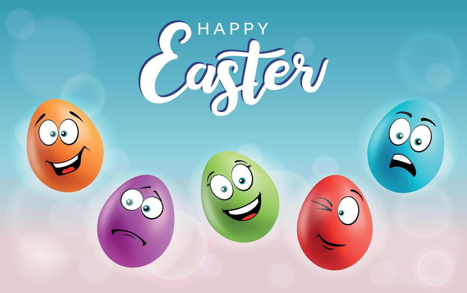Color eggs with funny faces on gradient background. Funny, upset, laughing, smiling, sad, winking emotions, cartoon smile. Set of eggs emoji poster. Happy Easter holiday banner illustration. vector
