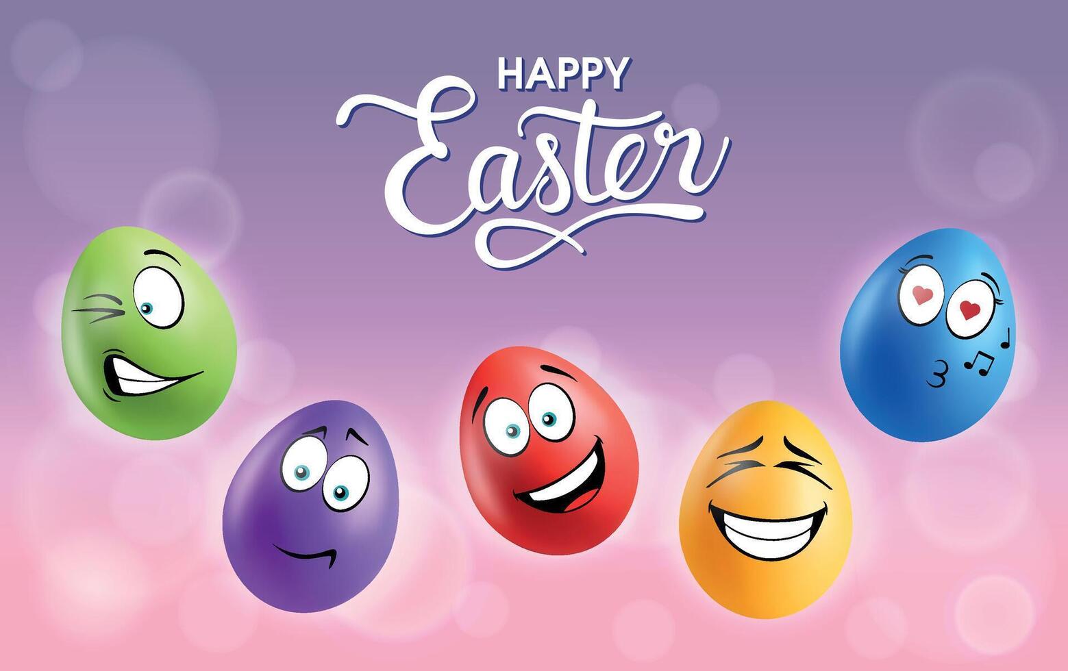 Color eggs with funny faces on gradient background. Romantic, pleased, laughing, smiling, whistling emotions, cartoon smile. Set of eggs emoji poster. Happy Easter holiday banner illustration. vector