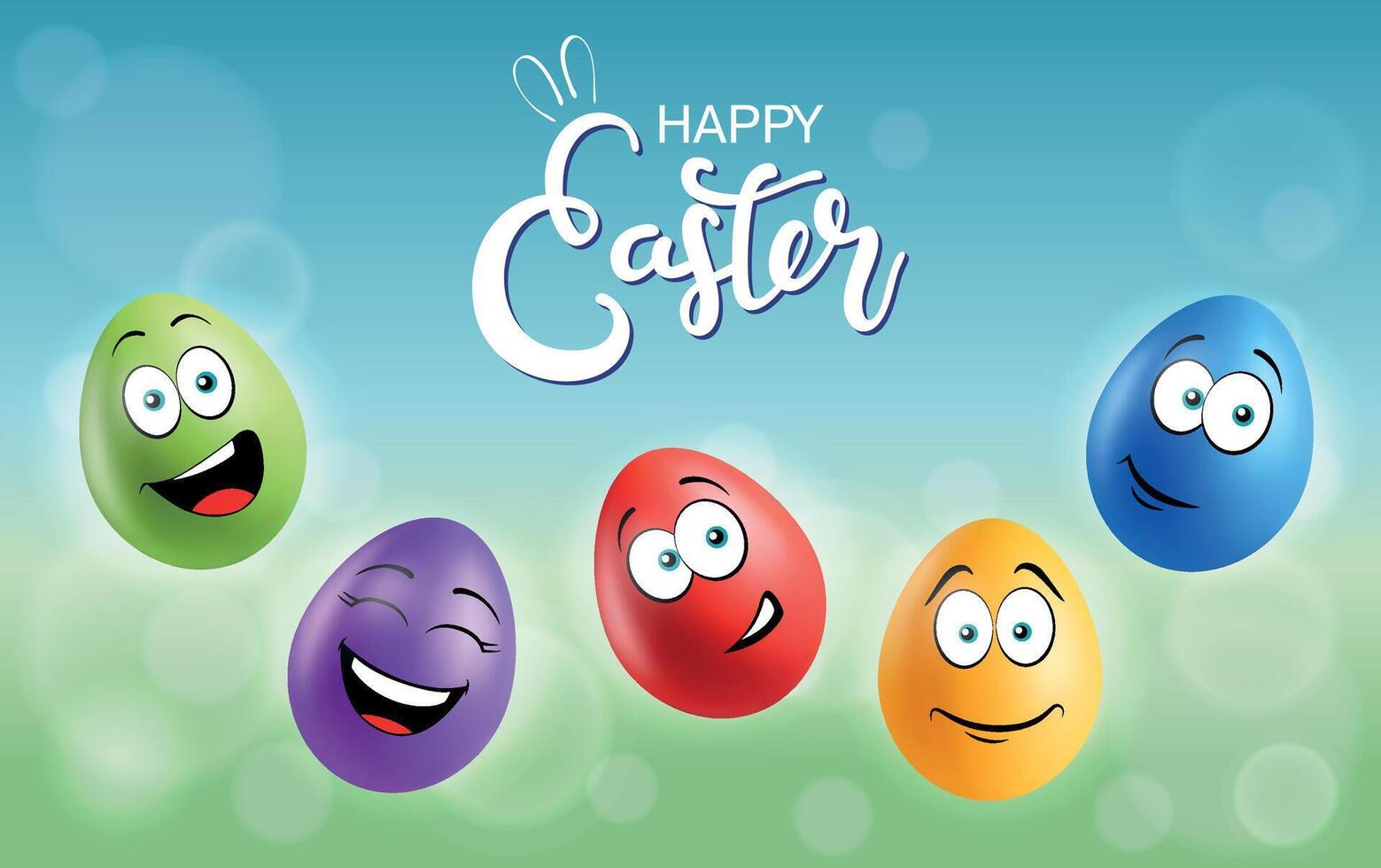Color eggs with funny faces on gradient background. Glad, pleased, cute, laughing, smiling emotions, cartoon smile. Set of eggs emoji poster. Happy Easter holiday banner illustration. vector