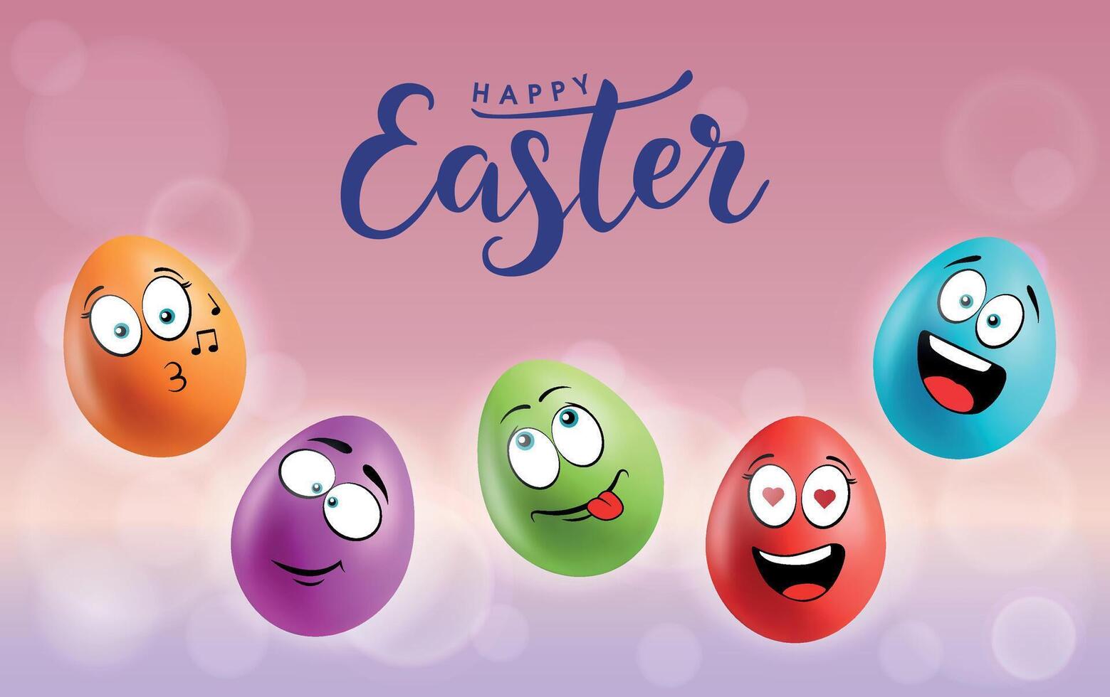 Color eggs with funny faces on gradient background. Whistling, laughing, smiling, glad emotions, cartoon smile. Set of eggs emoji poster. Happy Easter holiday banner illustration. vector