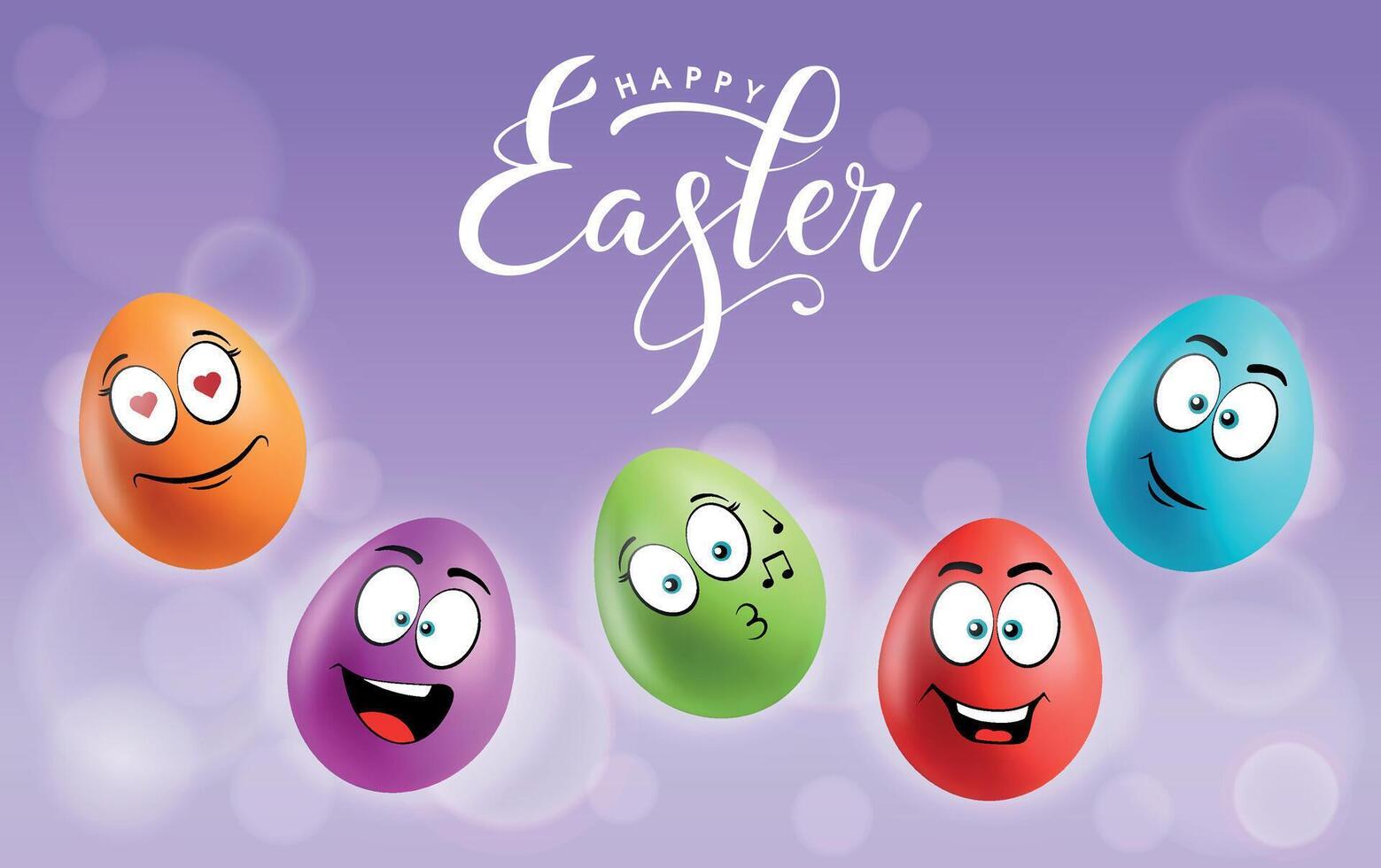 Color eggs with funny faces on gradient background. Funny, laughing, smiling, romantic, enamored, whistling emotions, cartoon smile. Set of eggs emoji poster. Happy Easter holiday banner illustration. vector