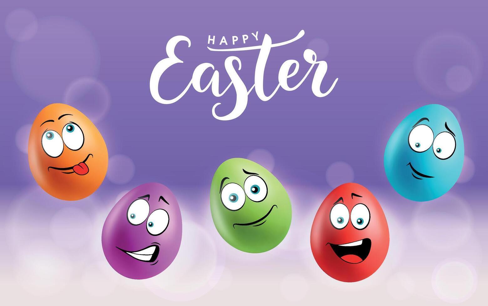 Color eggs with funny faces on gradient background. Funny, laughing, smiling, playful, glad, pleased emotions, cartoon smile. Set of eggs emoji poster. Happy Easter holiday banner illustration. vector