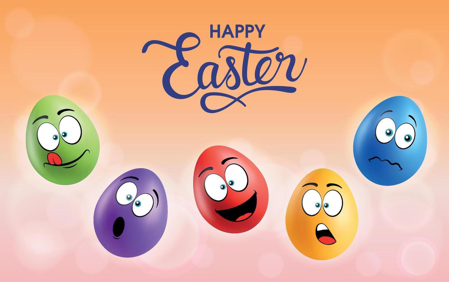 Color eggs with funny faces on gradient background. Surprised, laughing, smiling, sad, glad, shocked emotions, cartoon smile. Set of eggs emoji poster. Happy Easter holiday banner illustration. vector