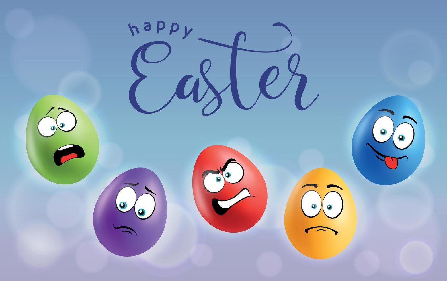 Color eggs with funny faces on gradient background. Wicked, laughing, upset, playful, sad, frightened emotions, cartoon smile. Set of eggs emoji poster. Happy Easter holiday banner illustration. vector