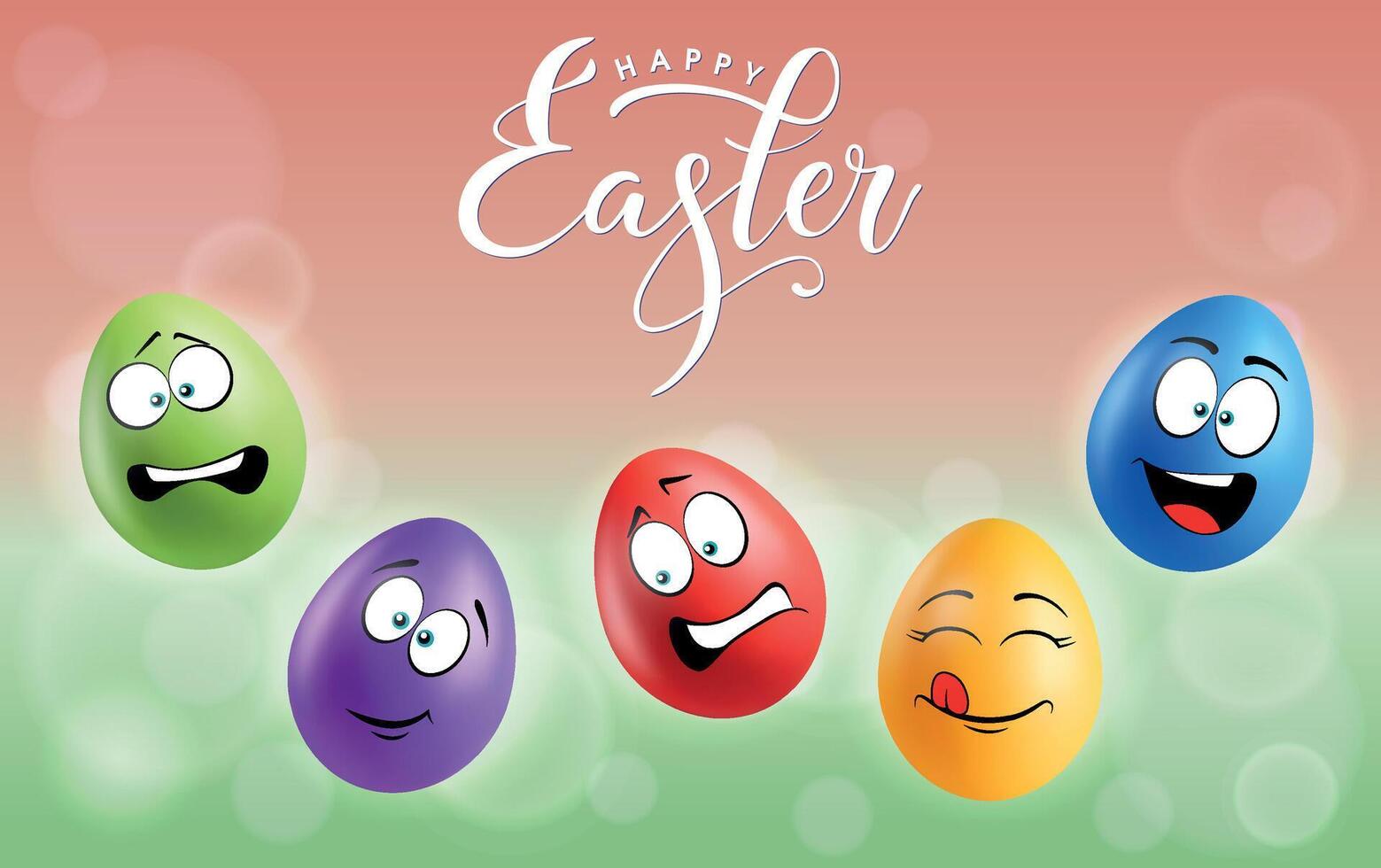 Color eggs with funny faces on gradient background. Glad, scared, laughing, smiling, sad, worriedemotions, cartoon smile. Set of eggs emoji poster. Happy Easter holiday banner illustration. vector