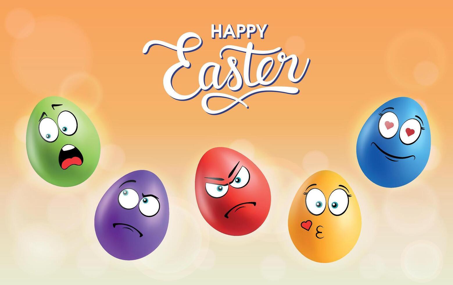 Color eggs with funny faces on gradient background. Romantic, laughing, smiling, sad, angry emotions, cartoon smile. Set of eggs emoji poster. Happy Easter holiday banner illustration. vector