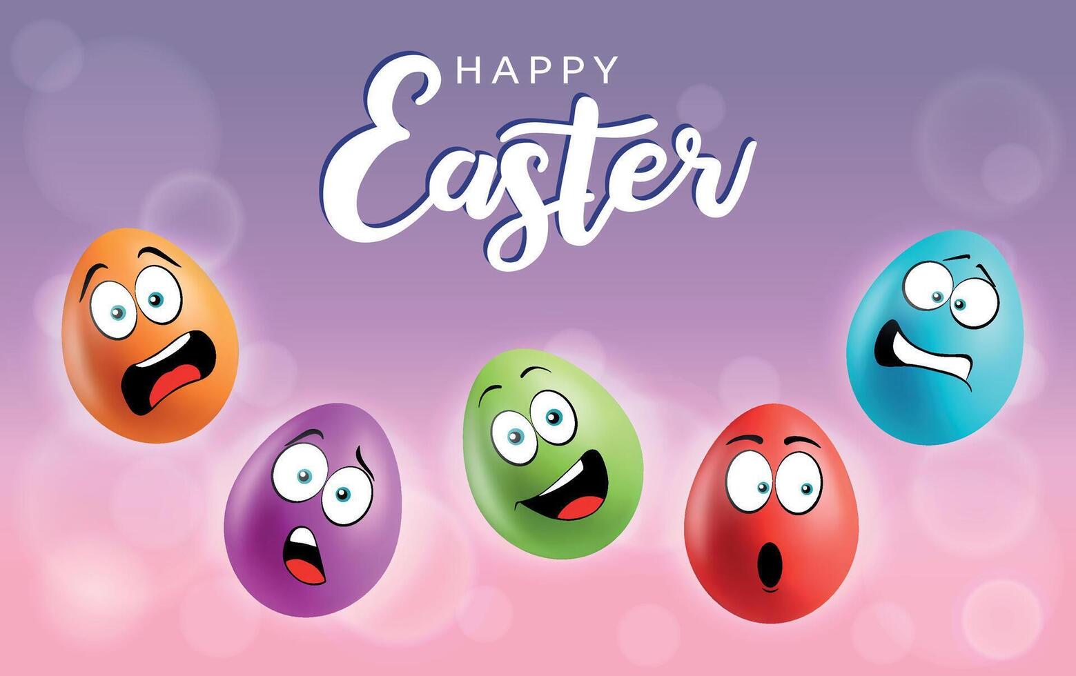 Color eggs with funny faces on gradient background. Laughing, smiling, upset emotions, cartoon smile. Set of eggs emoji poster. Happy Easter holiday banner illustration. vector