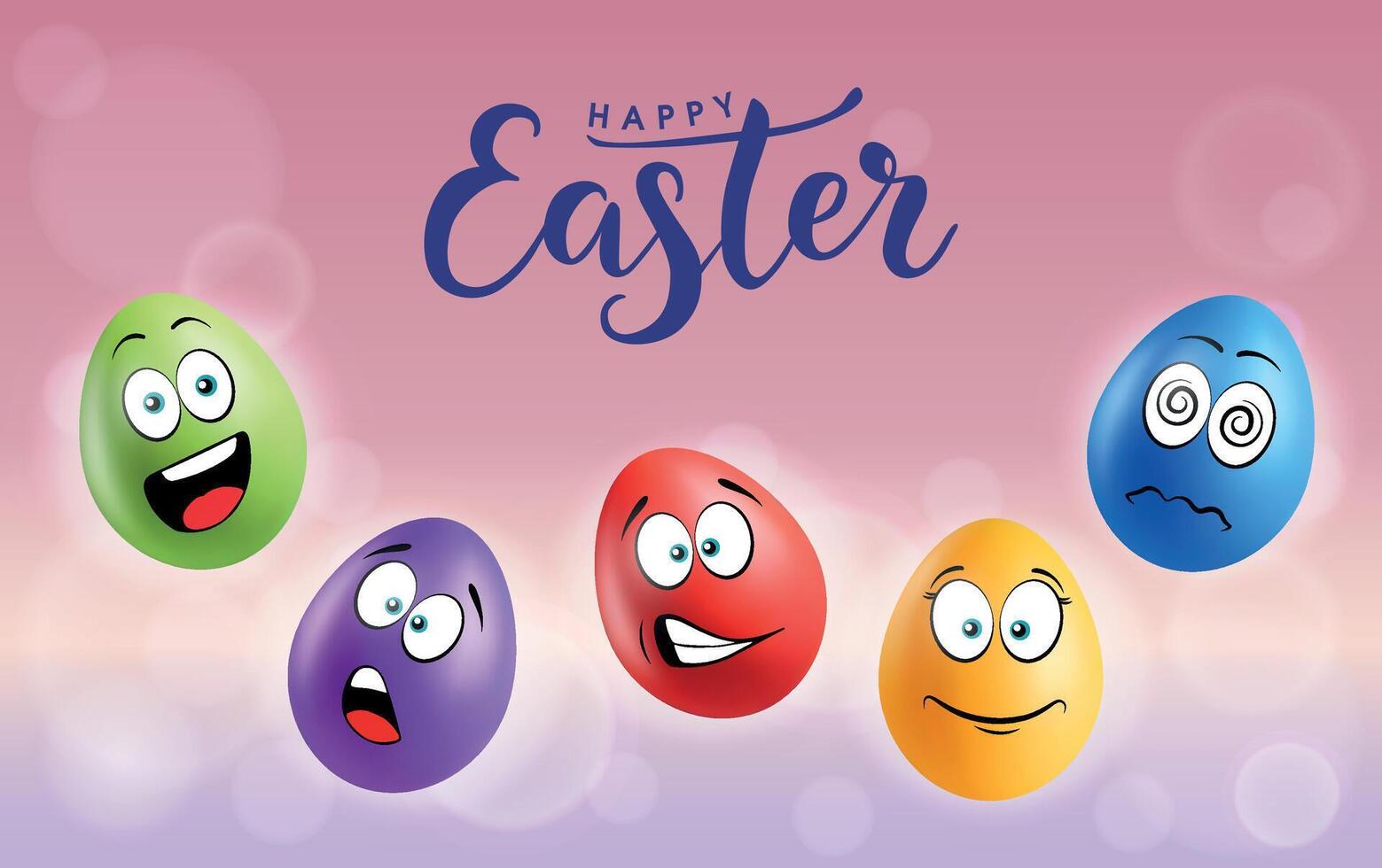 Color eggs with funny faces on gradient background. Shocked, laughing, smiling, sad, scared, shocked emotions, cartoon smile. Set of eggs emoji poster. Happy Easter holiday banner illustration. vector